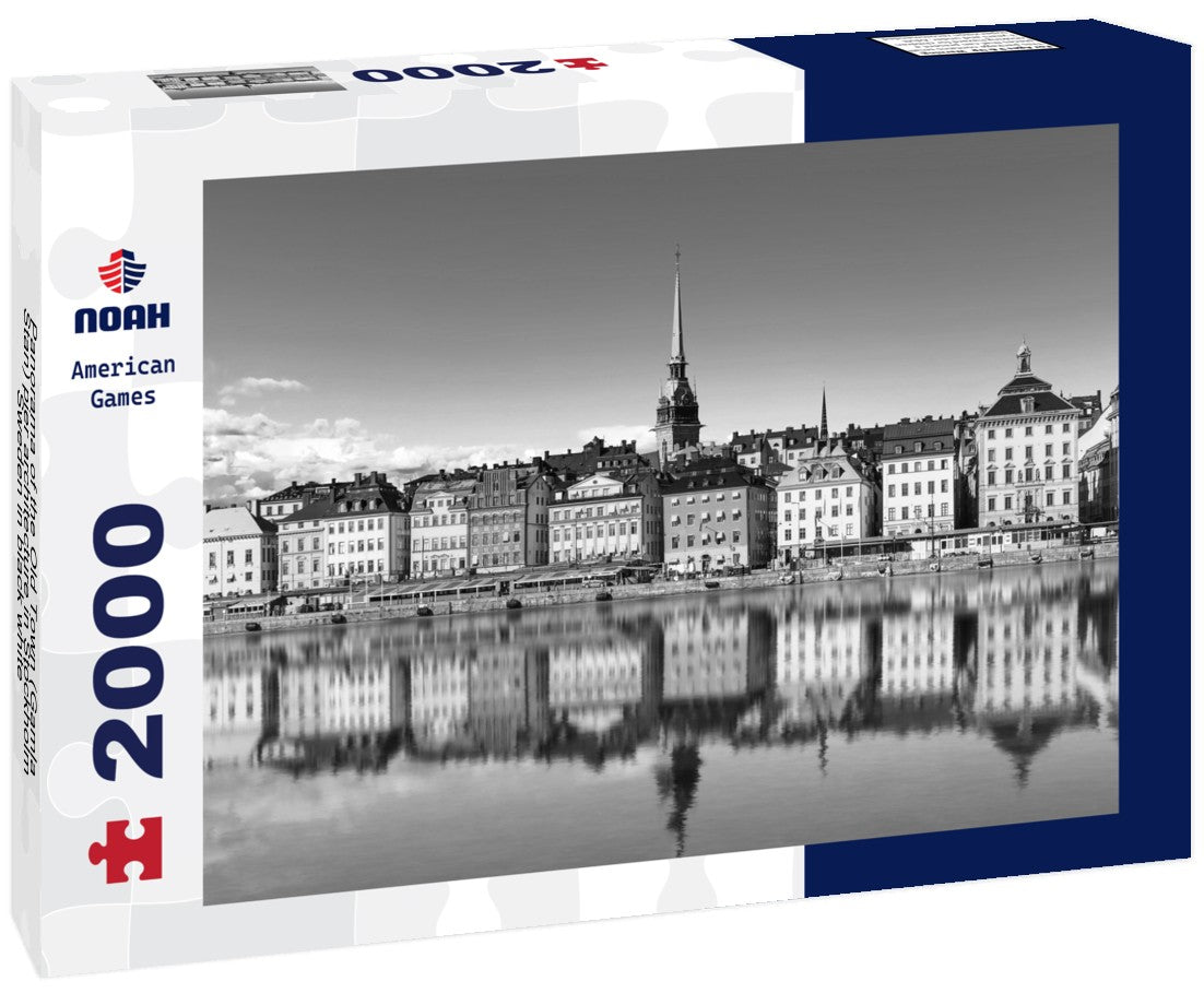Noah Jigsaw Puzzle Panorama of the Old Town (Gamla Stan) pier architecture in Stockholm, Sweden in black white 2000 pieces