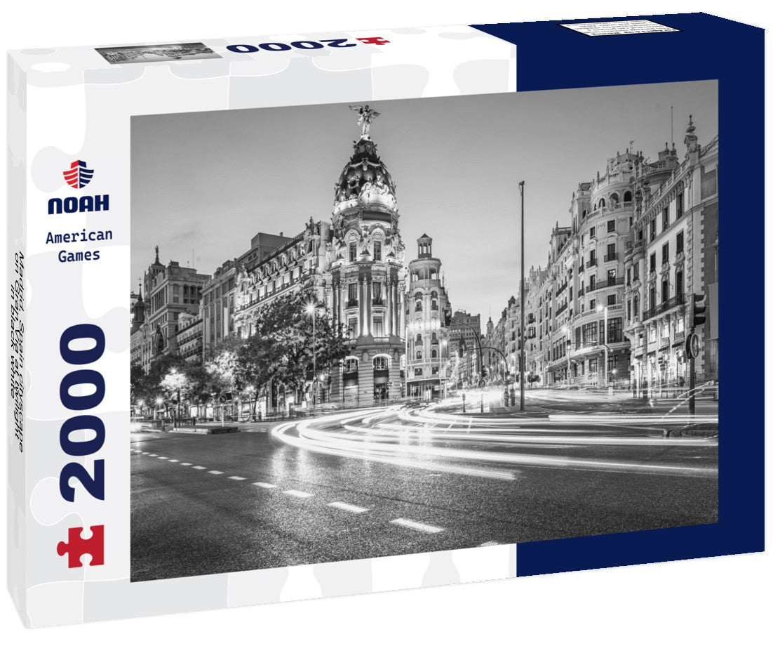 Noah Jigsaw Puzzle Madrid, Spain cityscape on Gran Via at twilight in black white 2000 pieces