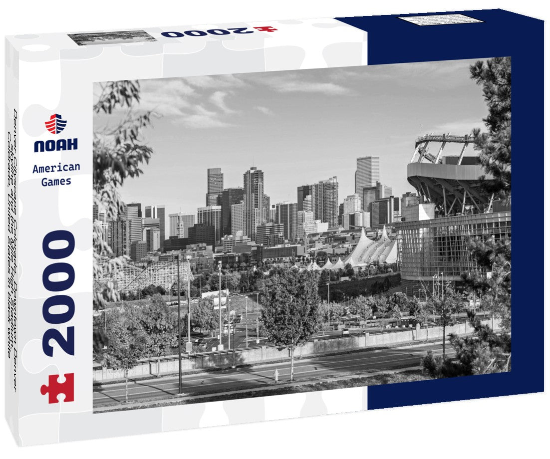 Noah Jigsaw Puzzle Denver Cityscape Colorado. Downtown Denver skyline and the Mile High Stadium. Colorado, United States in black white 2000 pieces