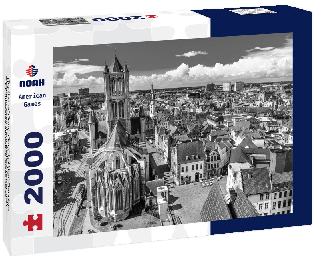 Noah Jigsaw Puzzle Skyline of Gent, Gent in West Flanders, Belgium, seen from Belfort Tower with St. Nicholas church in black white 2000 pieces