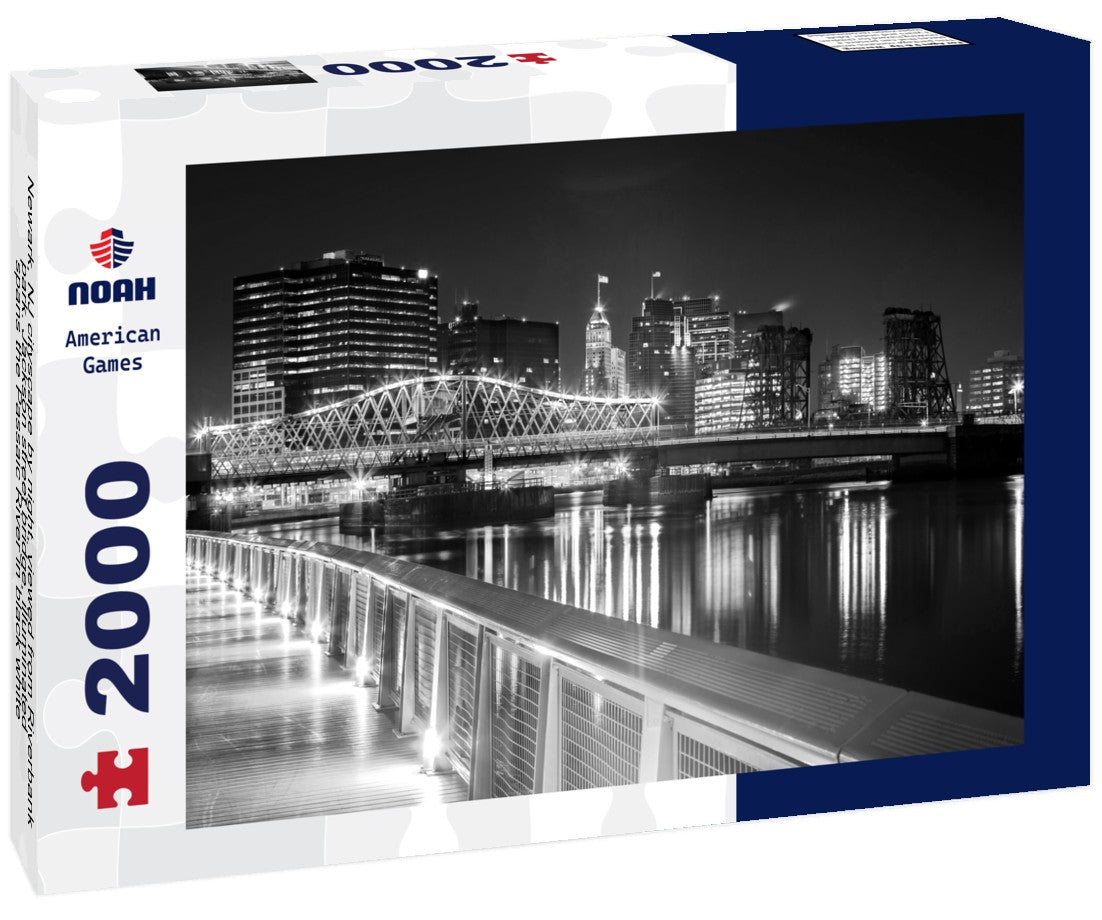 Noah Jigsaw Puzzle Newark, NJ cityscape by night, viewed from Riverbank park. Jackson street bridge, illuminated, spans the Passaic River in black white 2000 pieces