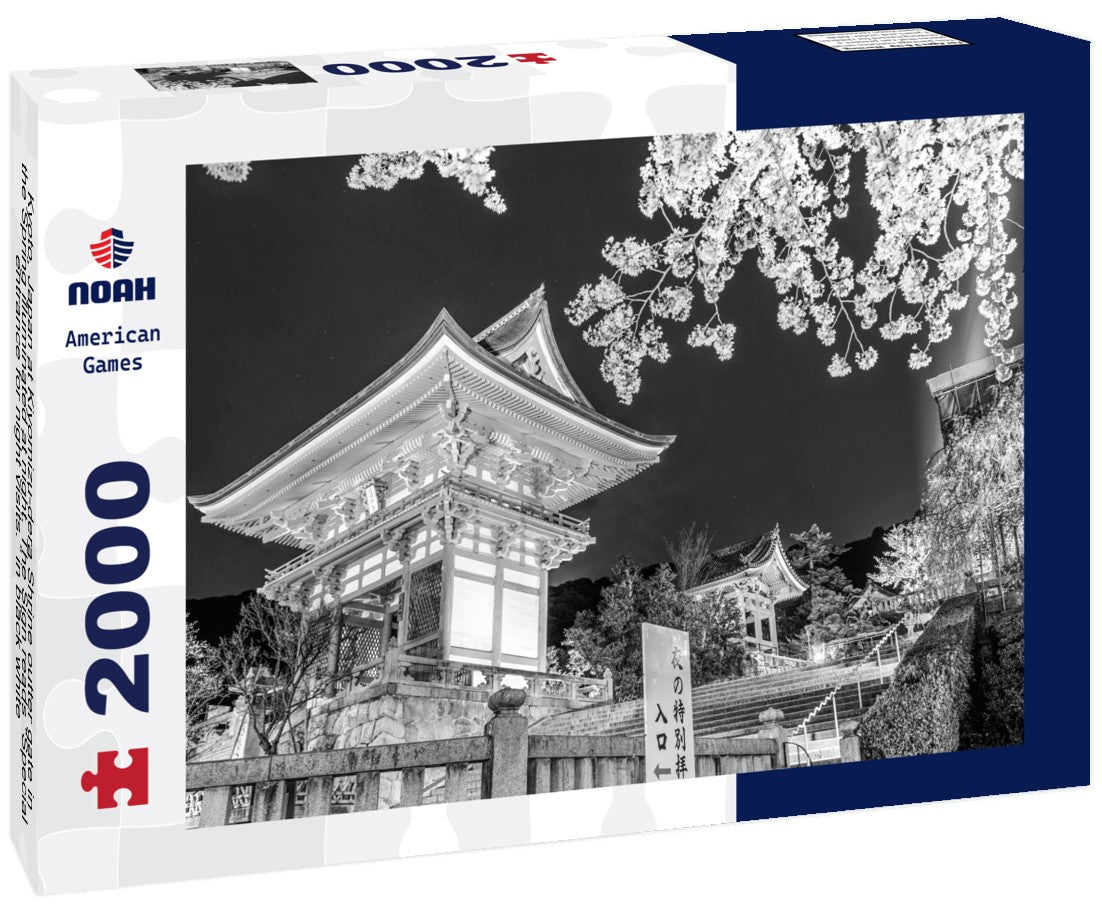 Noah Jigsaw Puzzle Kyoto, Japan at Kiyomizu-dera Shrine outter gate in the Spring illuminated at night. The Sign reads “Special entrance for night visits.” in black white 2000 pieces