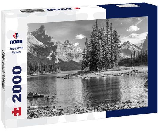 Noah Jigsaw Puzzle Spirit Island in Maligne Lake, Jasper National Park, Alberta, Canada in black white 2000 pieces