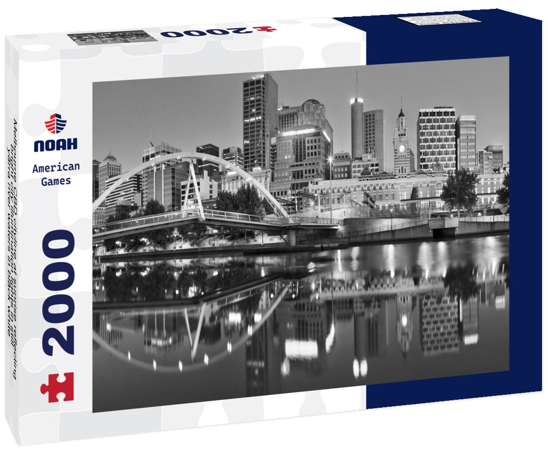 Noah Jigsaw Puzzle Melbourne CBD cityline at sunrise reflecting bright city illumination lights in still yarra river waters in black white 2000 pieces
