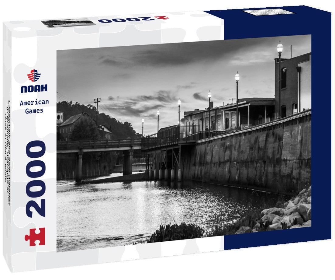 Noah Jigsaw Puzzle Creekwalk and dam waterfall in Prattville, Alabama at dusk in black white 2000 pieces