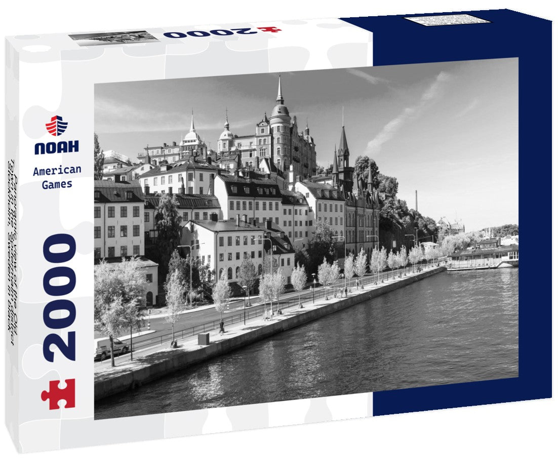 Noah Jigsaw Puzzle Panoramic view of the Old Town in the Sodermalm district, Stockholm, Sweden in black white 2000 pieces