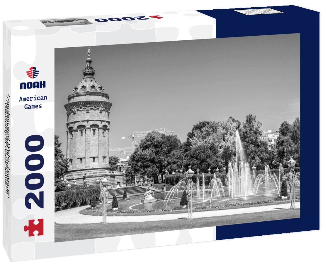 Noah Jigsaw Puzzle Fountain and Water Tower on Friedrichsplatz in Mannheim, Germany in black white 2000 pieces