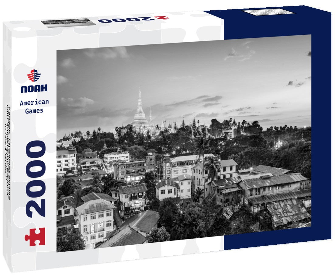 Noah Jigsaw Puzzle Yangon, Myanmar skyline with Shwedagon Pagoda in black white 2000 pieces