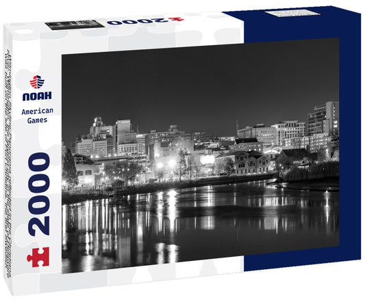 Noah Jigsaw Puzzle Wilmington Skyline-Panorama reflected in the Christiana River. Wilmington, the largest city in the state of Delaware, was built on the site of Fort Christina, the first Swedish settlement in North America in black white 2000 pieces