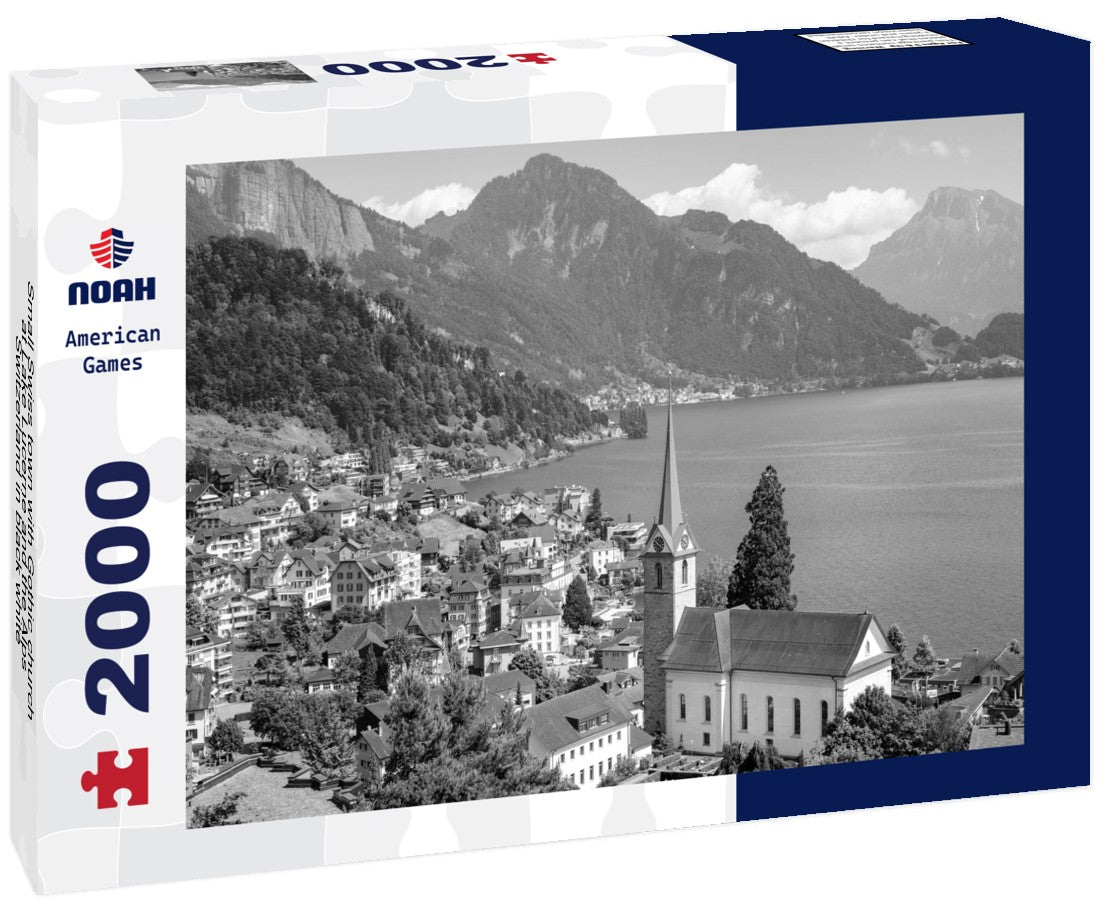 Noah Jigsaw Puzzle Small Swiss town with Gothic church at Lake Lucerne and the Alps, Switzerland in black white 2000 pieces