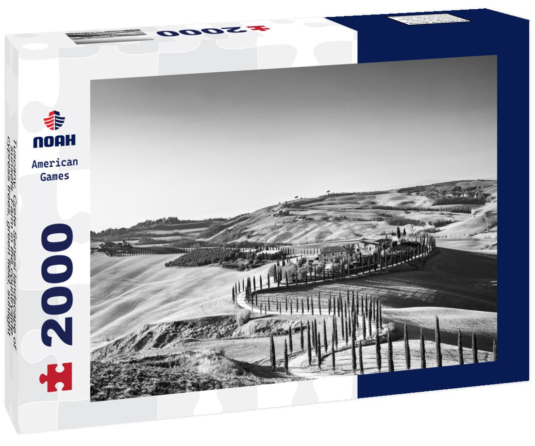 Noah Jigsaw Puzzle Tuscany, Crete Senesi landscape of sunsets. Farm in the countryside, cypress trees, green field, sunlight and cloud. Italy in black white 2000 pieces