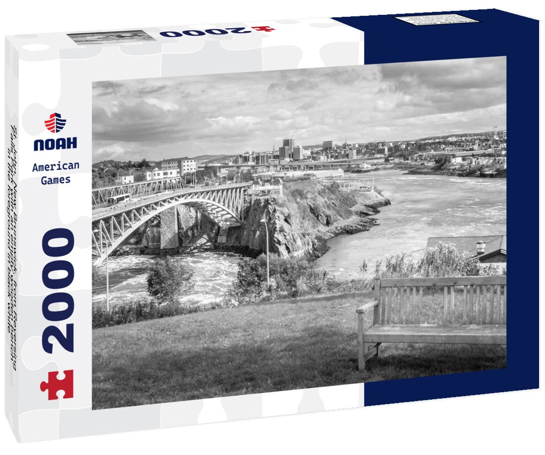 Noah Jigsaw Puzzle St. John, New Brunswick, from Reversing Falls Park with an empty wooden bench in the foreground in black white 2000 pieces