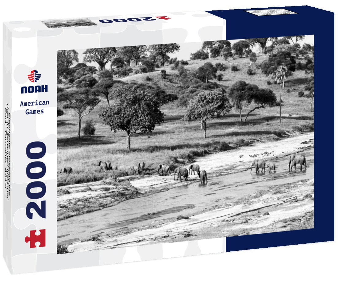 Noah Jigsaw Puzzle Elephants crossing the river in Serengeti National Park, Tanzania, Africa in black white 2000 pieces