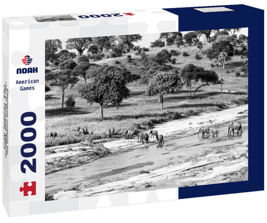 Noah Jigsaw Puzzle Elephants crossing the river in Serengeti National Park, Tanzania, Africa in black white 2000 pieces
