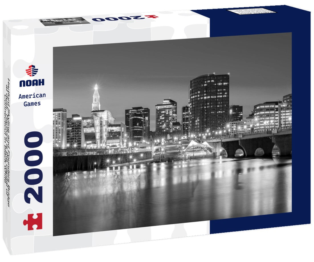 Noah Jigsaw Puzzle Hartford Skyline and Founders Bridge at dusk. Hartford is the capital of Connecticut in black white 2000 pieces