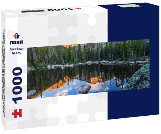 Noah Jigsaw Puzzle boulders, reflecting Ypsilon Mountain and Chiquita Mountain, illuminated by morning light in Rocky Mountain National Park, Colorado panorama 1000 pieces