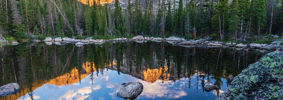 Noah Jigsaw Puzzle boulders, reflecting Ypsilon Mountain and Chiquita Mountain, illuminated by morning light in Rocky Mountain National Park, Colorado panorama 1000 pieces