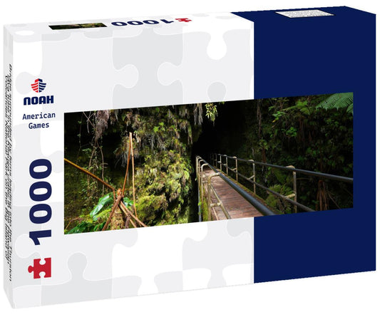 Noah Jigsaw Puzzle Bridge surrounded by ferns leading into the Thurston lava tube in the Kilauea crater in the Hawaiian Volcanoes National Park on the Big Island of Hawai'i in the Pacific Ocean panorama 1000 pieces