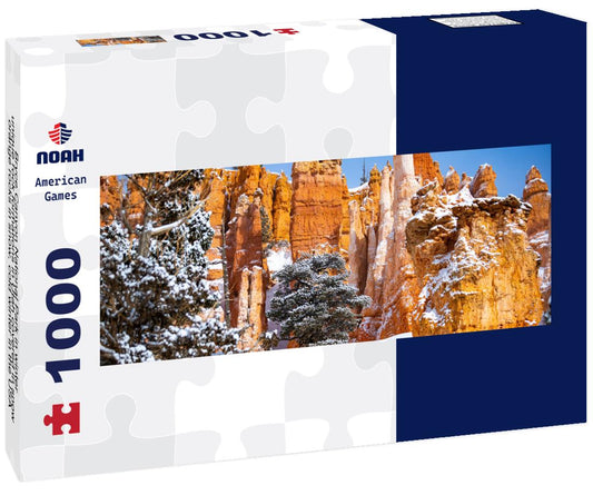 Noah Jigsaw Puzzle Bryce Canyon National Park in winter, unique rock formations in Utah covered in snow, orange rocks in snow, cold winter in the USA panorama 1000 pieces