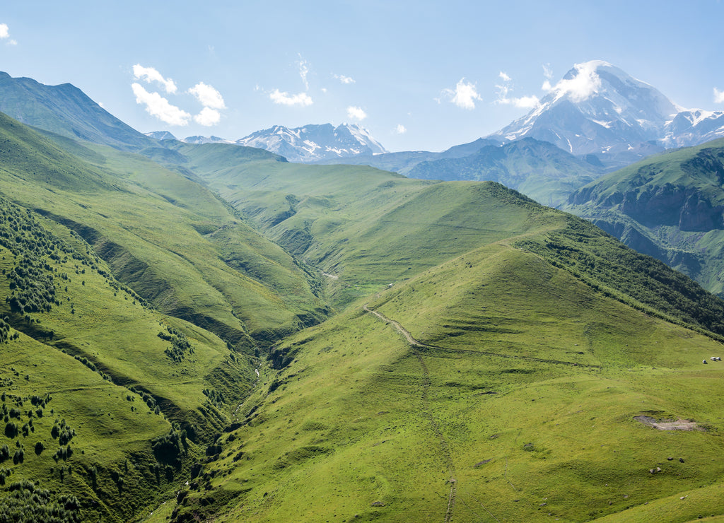 Aerial view in Greater Caucasus Mountains with Mount Kazbek, Georgia