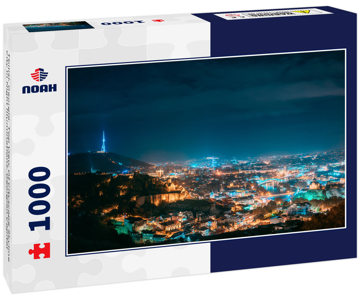 Tbilisi, Georgia. Top View Of Cityscape Skyline City In Night Illuminations. Georgian Capital