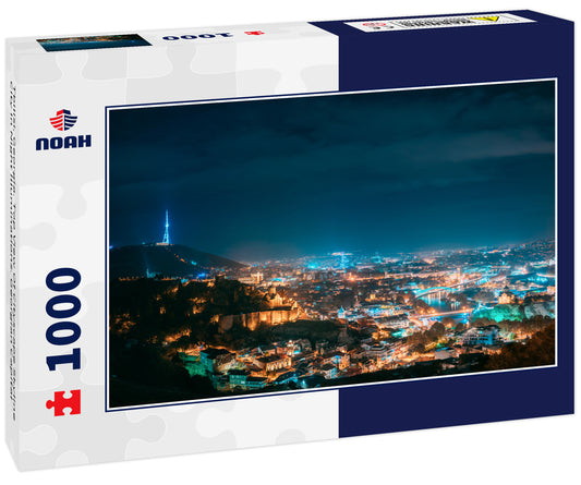 Tbilisi, Georgia. Top View Of Cityscape Skyline City In Night Illuminations. Georgian Capital