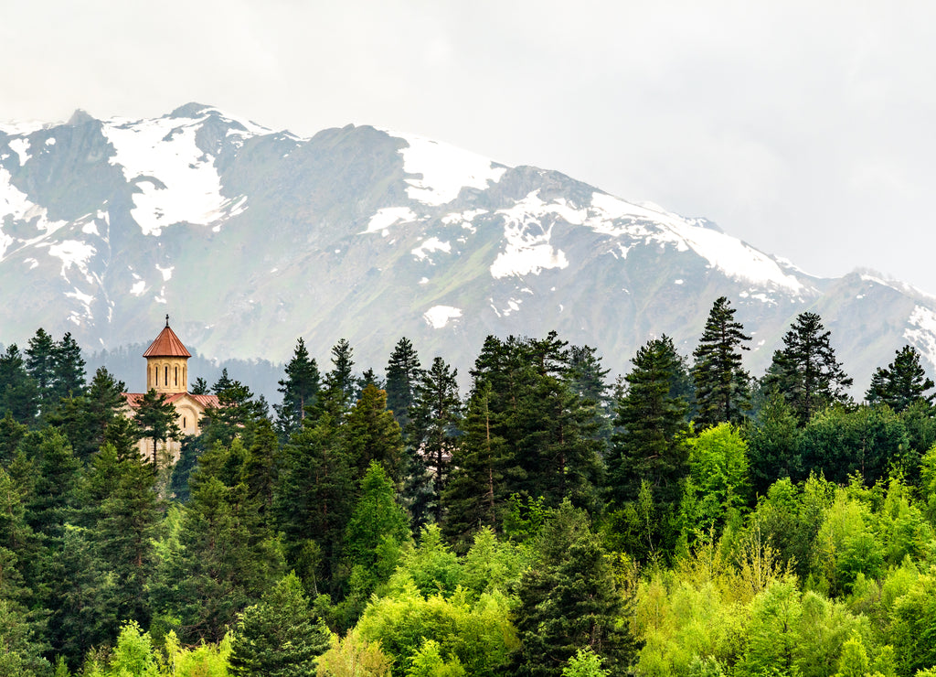 Landscape with a church in the Caucasus Mountains of Svaneti, Georgia