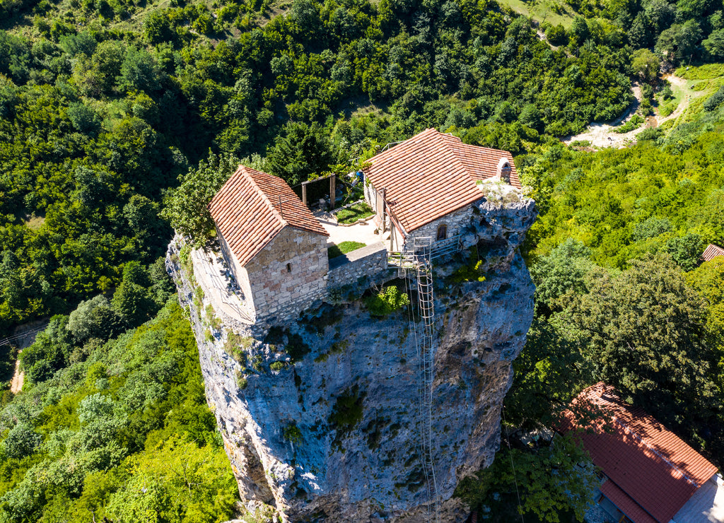 Katskhi pillar in the village of Zestafoni from a drone, Georgia