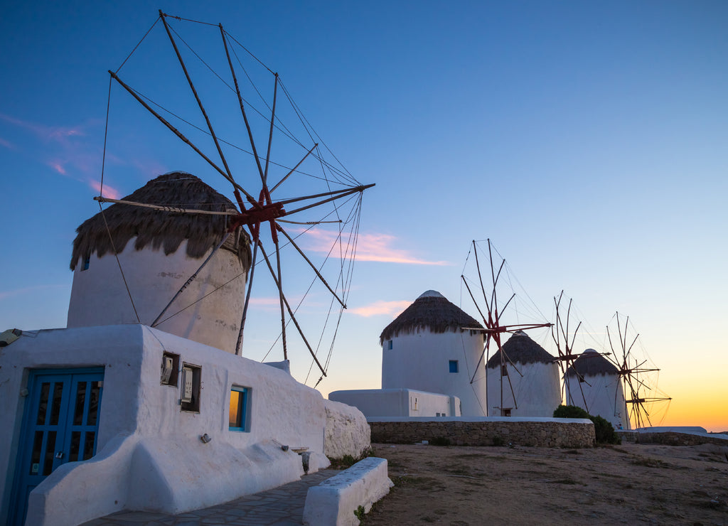 The famous Windmills of Mykonos at sunset, Greece
