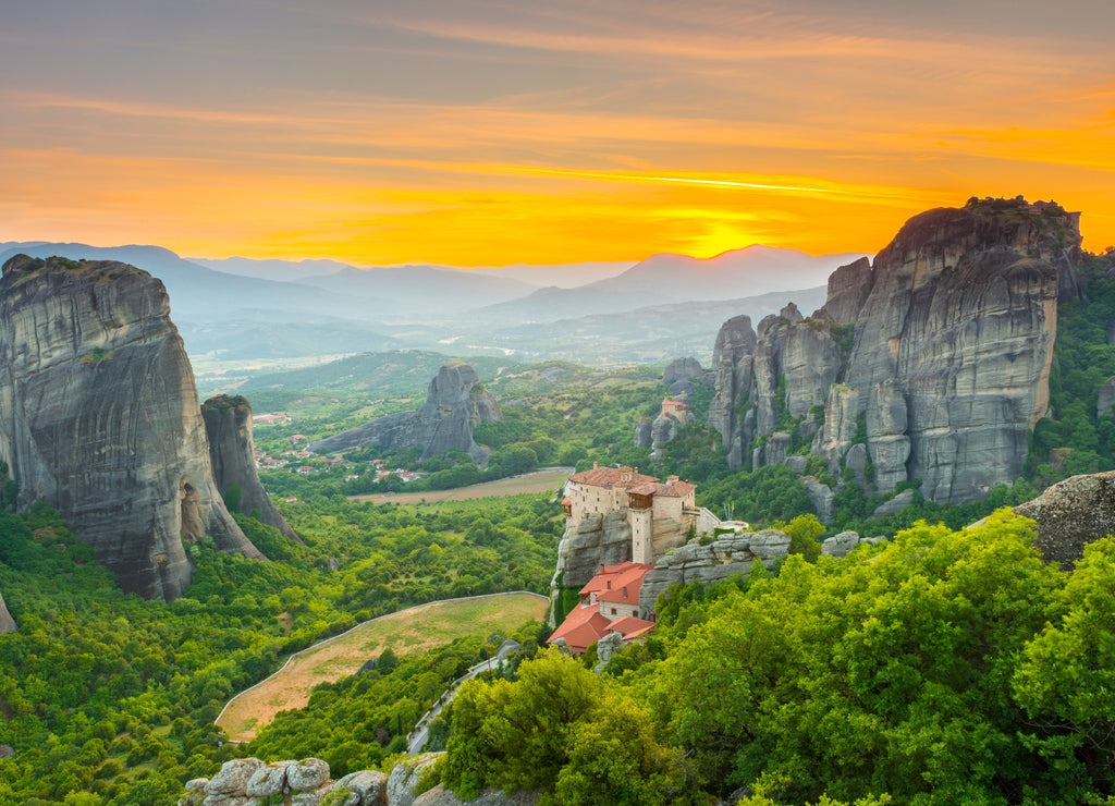 Meteora monasteries at sunset, Greece
