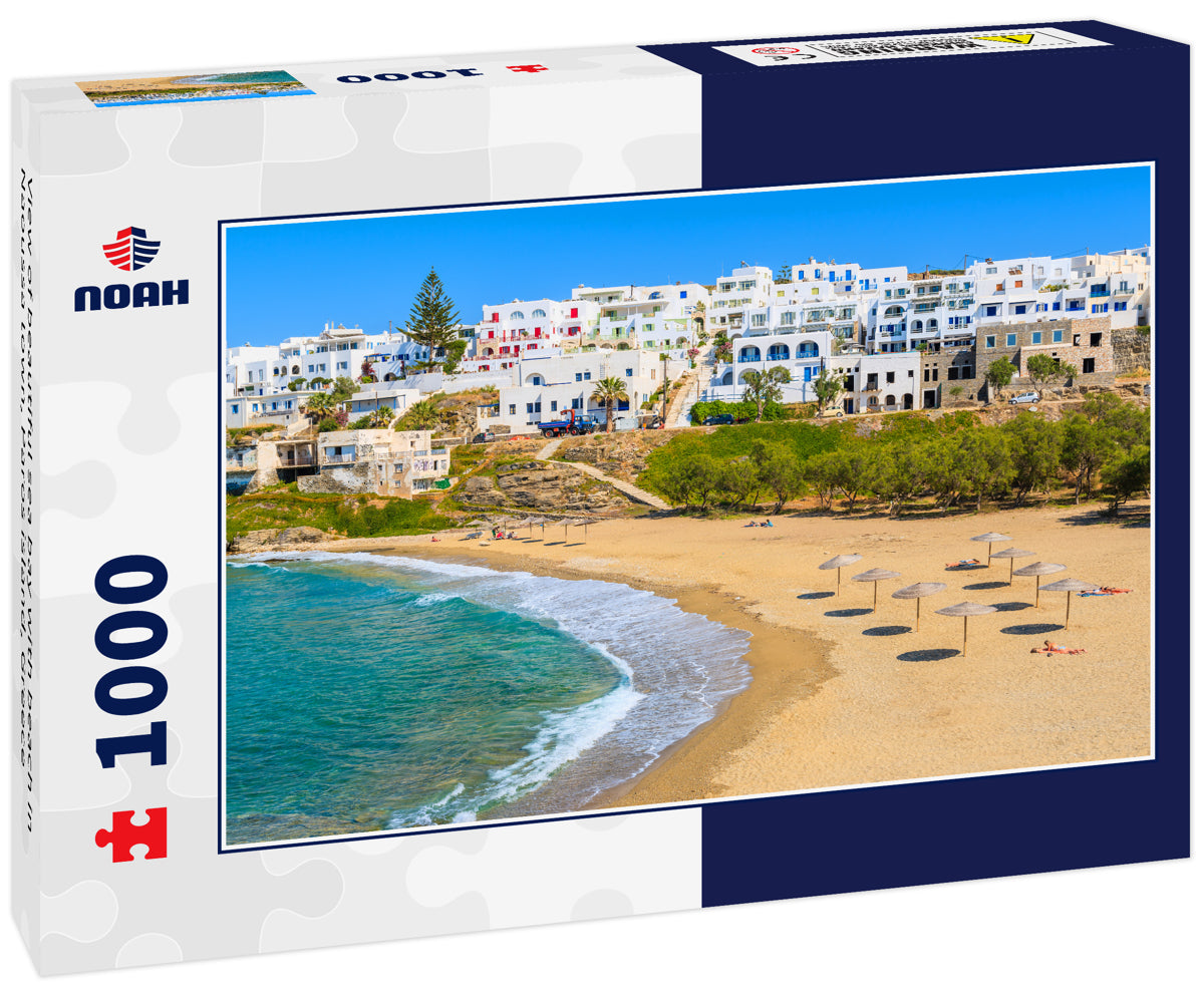 View of beautiful sea bay with beach in Naoussa town, Paros island, Greece