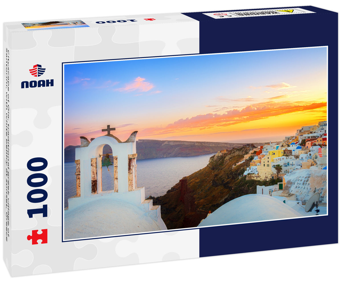 Cityscape of Oia, traditional greek village of Santorini, with white bellfry at sunset, Greece