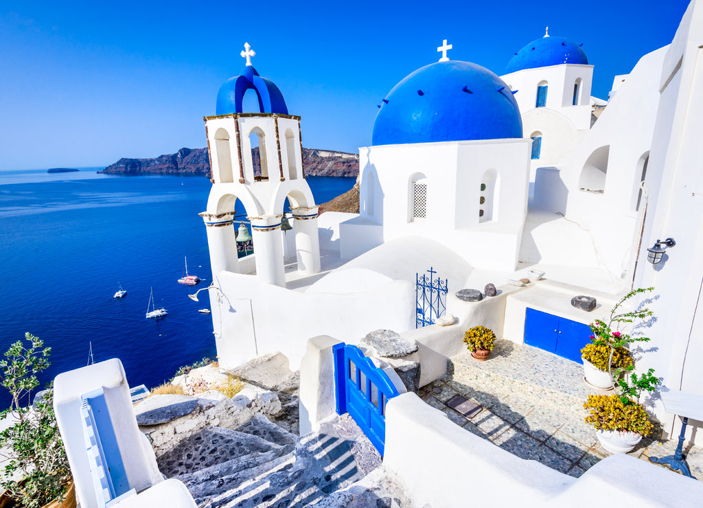 Oia, Santorini, Greece - Blue church and caldera