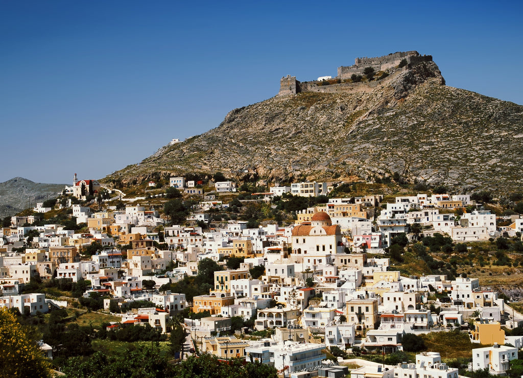 The town of Agia Marina with the ancient Venetian castle in background. Leros island Dodocanese islands, Greece