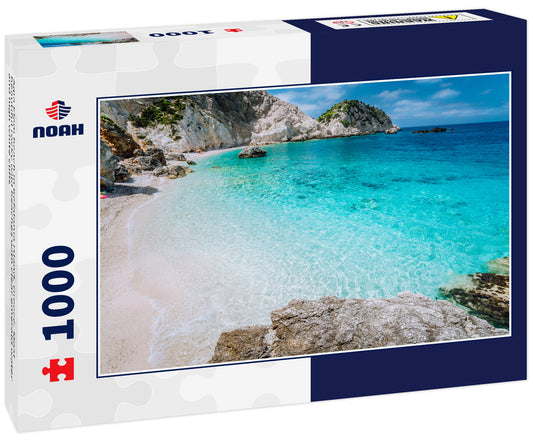 Agia Eleni beach in Kefalonia Island, Greece. Most beautiful rocky wild beaches with clear emerald water and high white cliffs