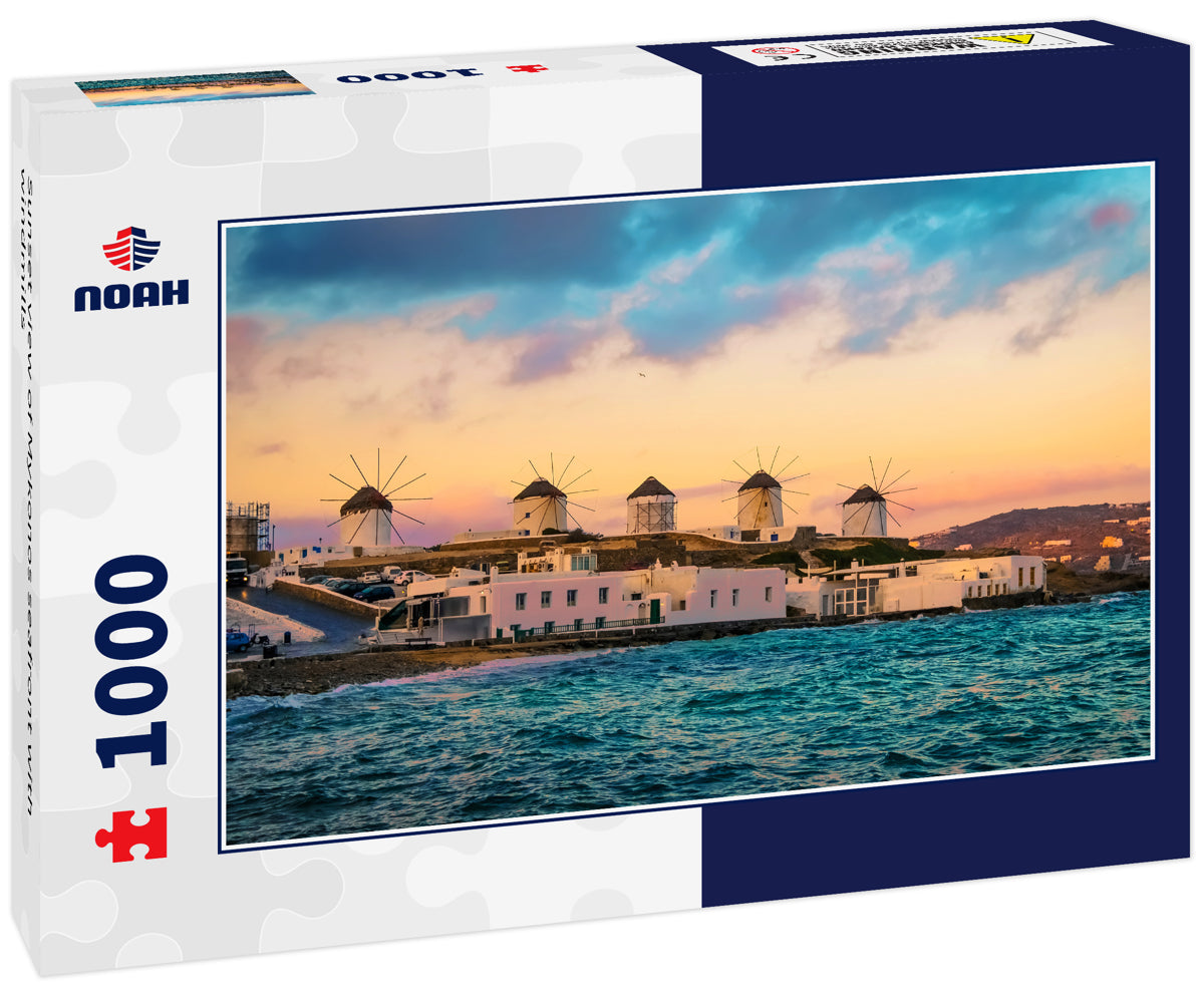Sunset view of Mykonos seafront with windmills