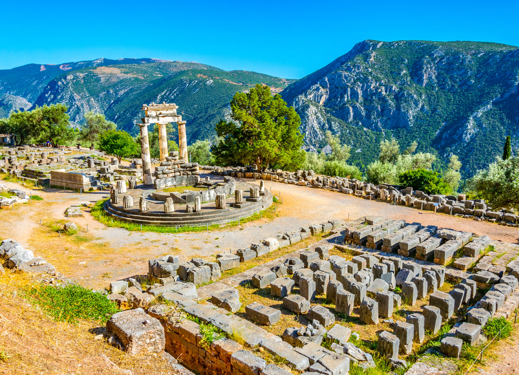 Ruins of temple of Athena Pronaia at Delphi, Greece