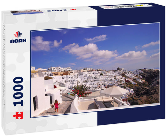 A lovely little tourist goes for a walk through the streets of Santorini