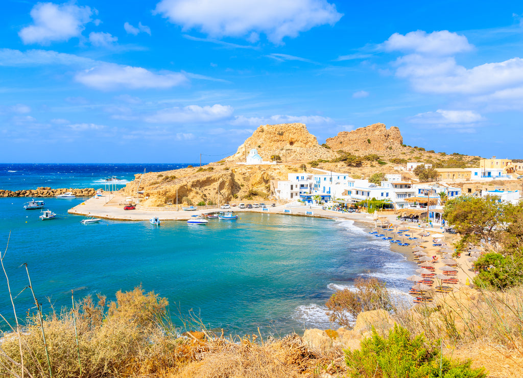 View of beautiful Finiki beach and port, Karpathos island, Greece