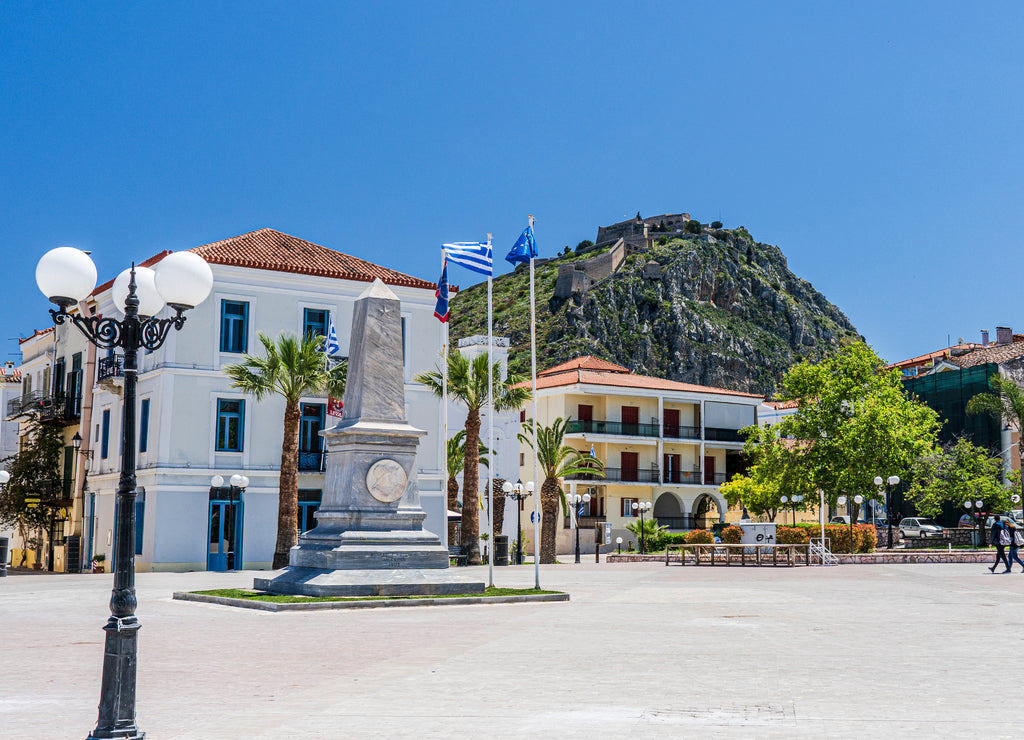 A square in Nafplion and the castle above the town