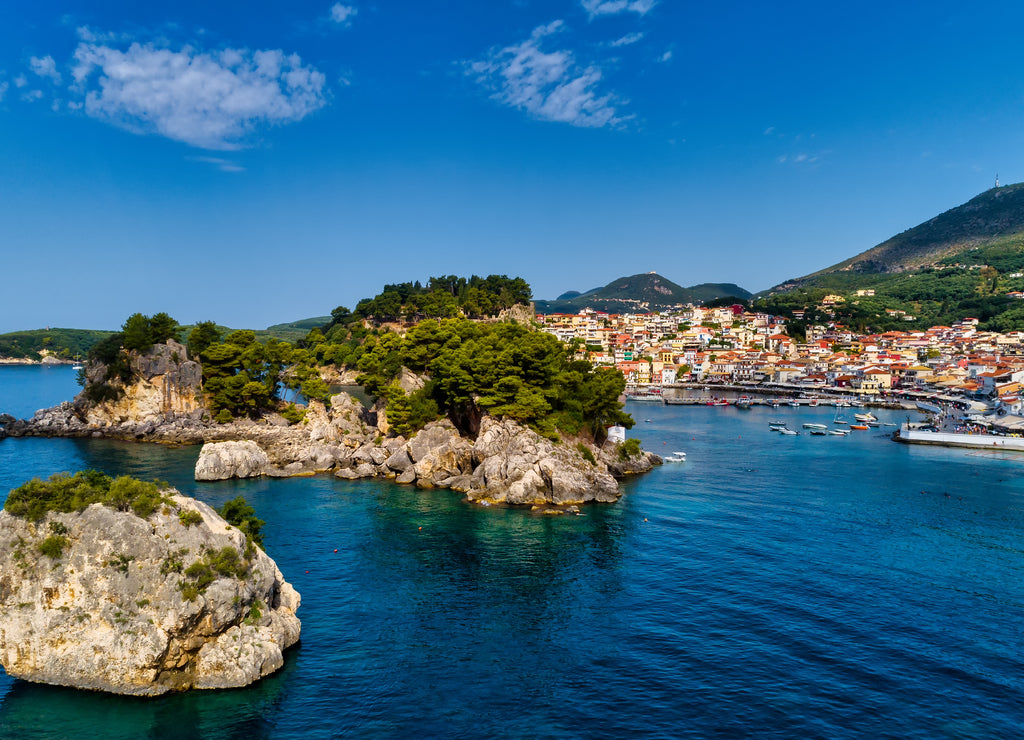 Aerial cityscape view of the coastal city of Parga, Greece during the Summer