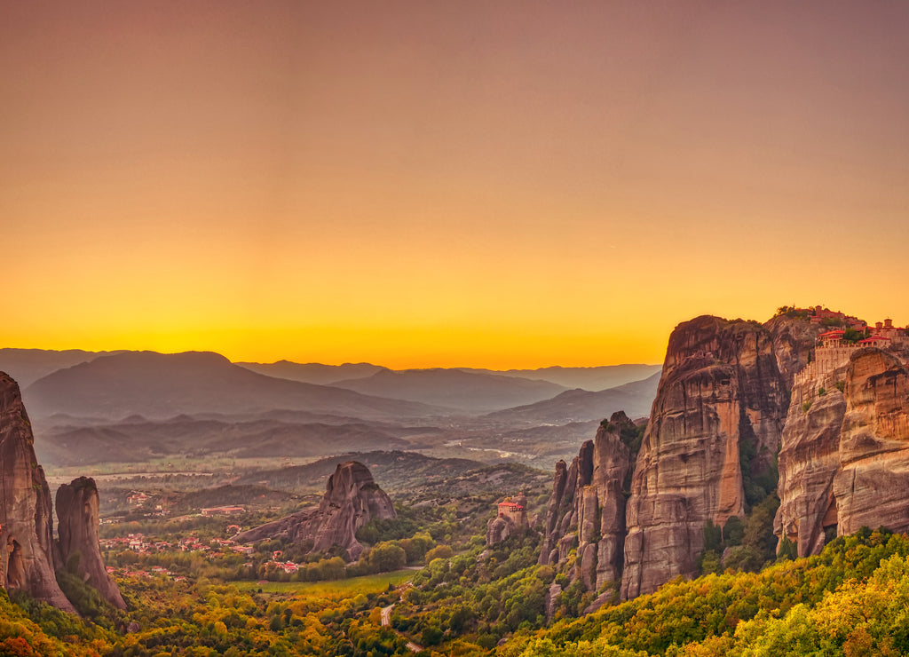 Landscape with monasteries and rock formations in Meteora, Greece