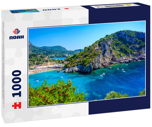 Agios Spiridon Beach with crystal clear azure water and white beach in beautiful landscape scenery - paradise coastline of Corfu island at Paleokastritsa, Ionian archipelago, Greece