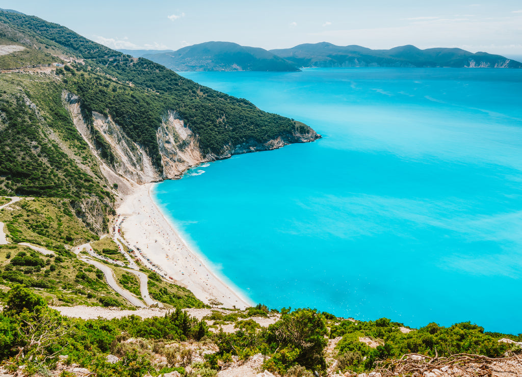 Famous Myrtos Beach. Must see visiting tourism location on Kefalonia island in summer. Greece