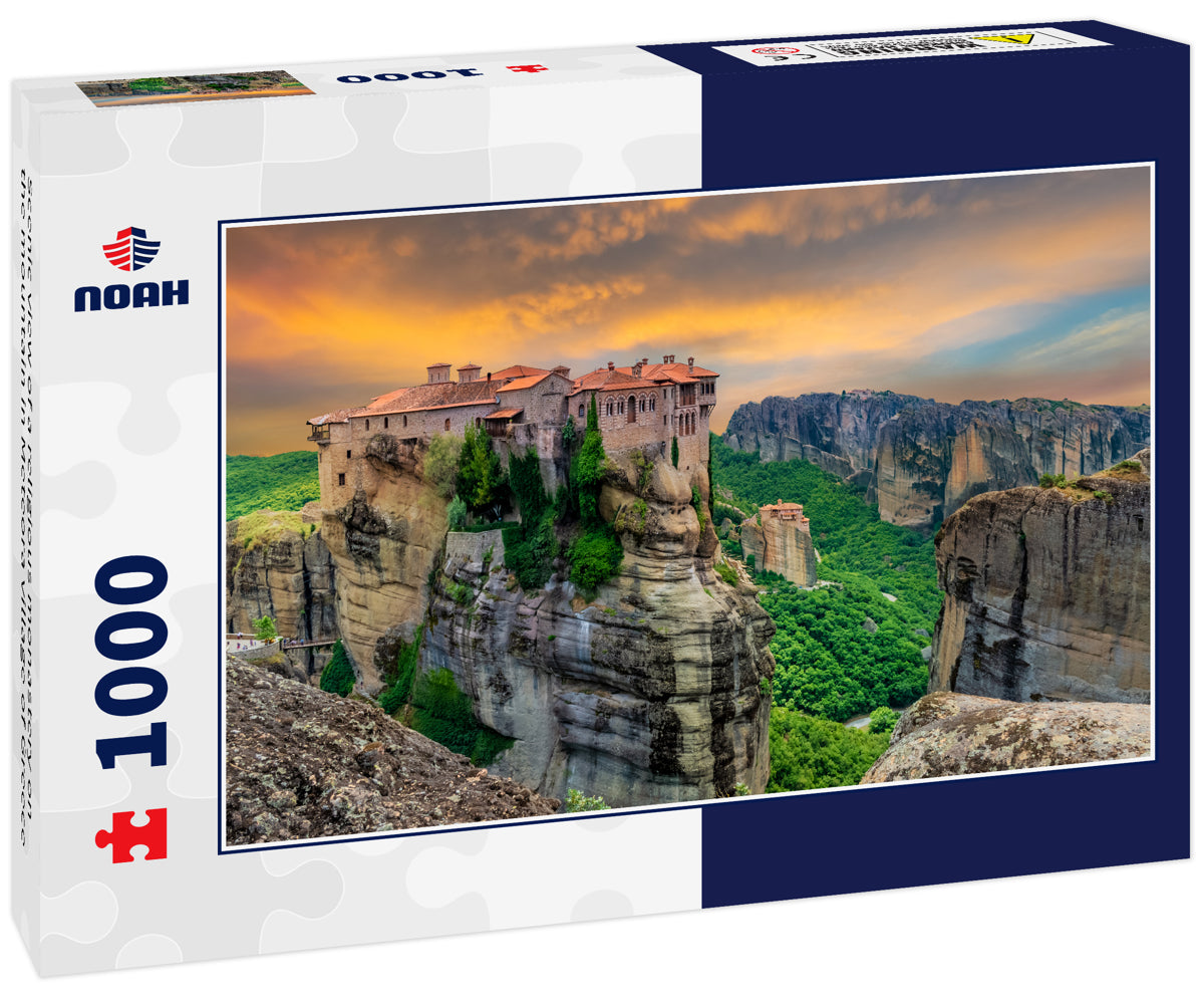 Scenic view of a religious monastery on the mountain in Meteora village of Greece