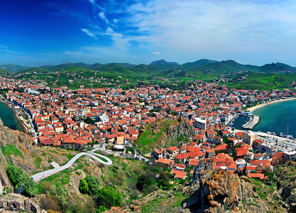 Panoramic view of Myrina town, the capital of Lemnos island from its castle