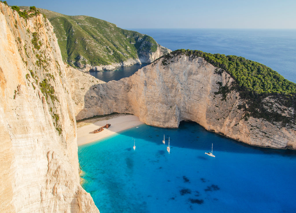 Picturesque Navagio beach with famous shipwreck on north west coast of Zakynthos island, Greece