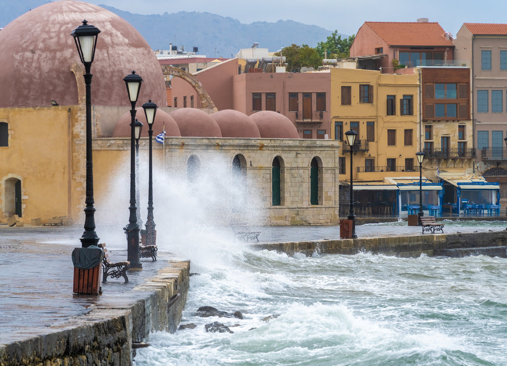 Storm flooded sea front streets of Kasteli, the of town of Chania, the second largest city of Crete, Greece