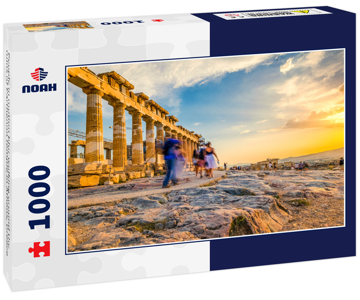 People in motion blur walking around the ruins of Parthenon temple in Athens, Greece