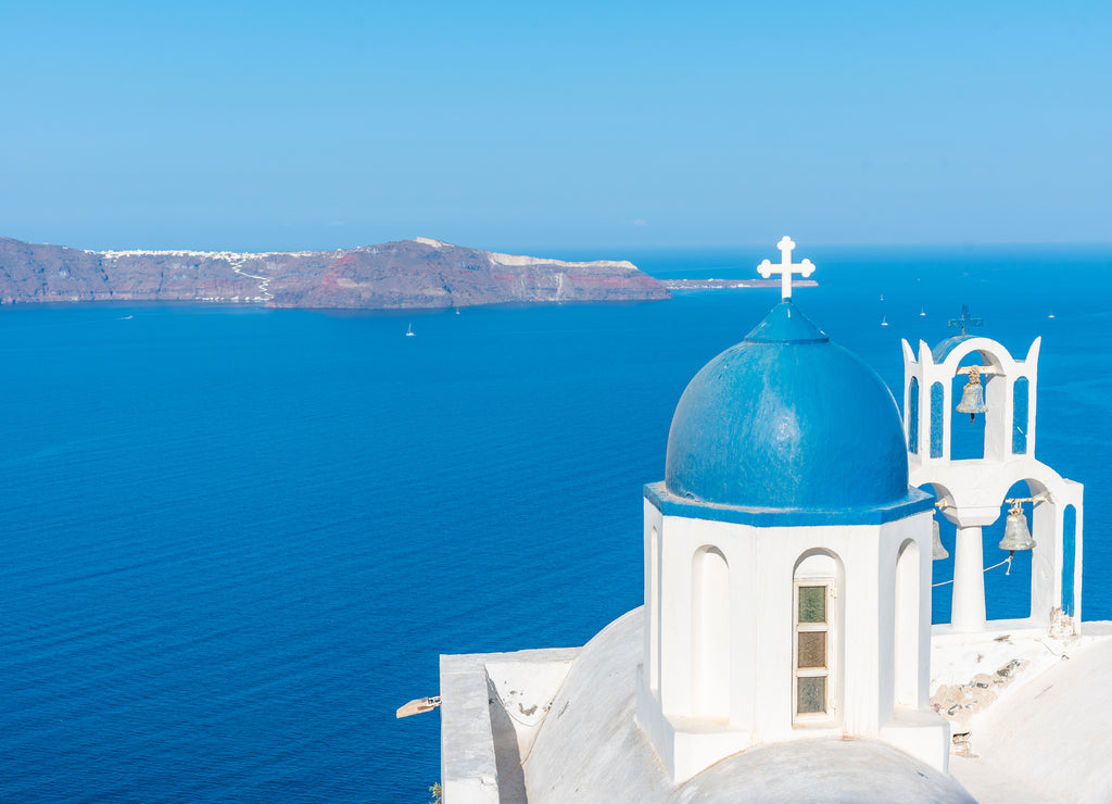 Theoskepasti church overlooking Thirasia island at Santorini in Greece